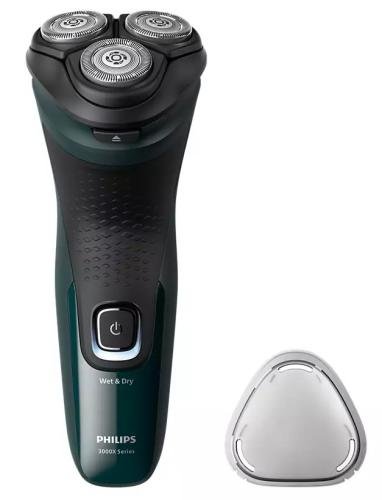 Електробритва Philips X3002/00 Shaver 3000X, Black, роторна, сухе та вологе гоління, 3 головки, чистка під струменем води, леза PowerCut, гнучкі головки 4D, акумулятор/мережа 274882 фото