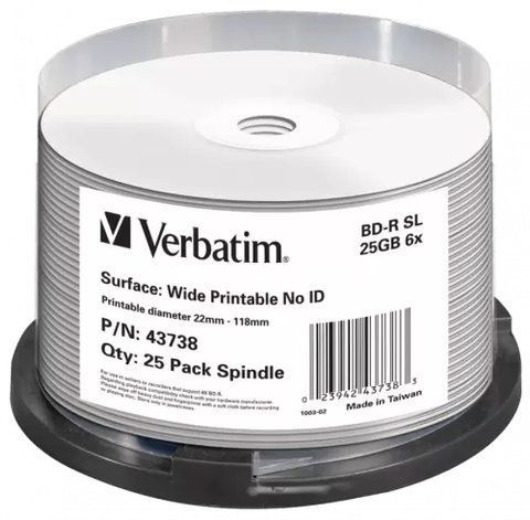 Диск BD-R 25 Verbatim, 25Gb, 6x, Printable, Spindle (43738) 217054 фото