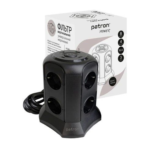 Фільтр мережевий Patron, 8 розеток, 3 м, Black, 2xType-C / 2xUSB (SP-1683-USBT) 316605 фото