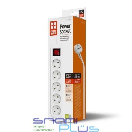 Фільтр мережевий ColorWay, 5 розеток, 2 м, White (CW-PSEA52W) 263985 фото
