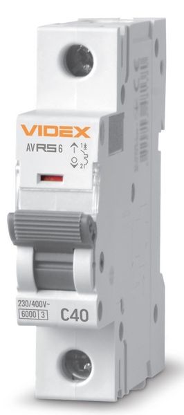 Автоматичний вимикач Videx RS6 'RESIST', White, 40A, 6000A, 230V/400V, 1 полюс, крива відключення 'C', модульний (Din-рейка), переріз кабелю 10 мм², IP20 (VF-RS6-AV1C40) 272949 фото