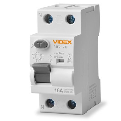 Диференційне реле Videx 'RESIST' AC, White, 16A, 30 mA, 10 kA, 230V, 50/60 Hz, 2 полюси, модульний (Din-рейка), переріз кабелю 2.5 мм², IP20 (VF-RS10-DR2AC16) 277158 фото