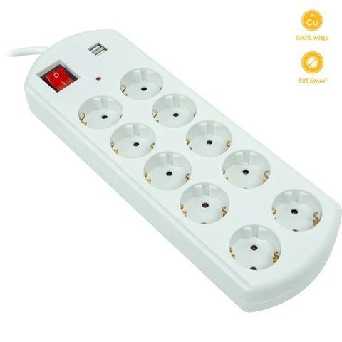 Фільтр мережевий PowerPlant, 10 розеток, 5 м, White, 2xUSB (EX610556) 305684 фото