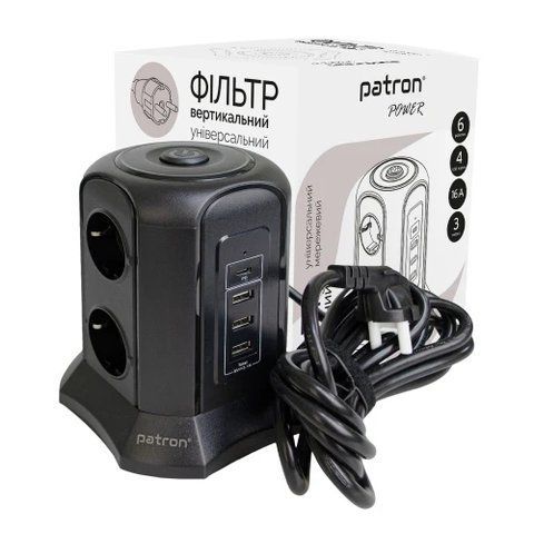 Фільтр мережевий Patron, 6 розеток, 3 м, Black, 1xType-C / 3xUSB (SP-1663-USBT) 316606 фото