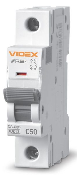 Автоматичний вимикач Videx RS6 'RESIST', White, 50A, 6000A, 230V/400V, 1 полюс, крива відключення 'C', модульний (Din-рейка), переріз кабелю 10 мм², IP20 (VF-RS6-AV1C50) 272950 фото