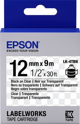 Картридж Epson LK4TBN, Black/Clear, LW-300/400/700/900, 12 мм / 9 м, прозора стрічка (C53S654012) 180923 фото