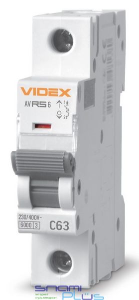 Автоматический выключатель Videx RS6 'RESIST', White, 63A, 6000A, 230V/400V, 1 полюс, кривая отключения 'C', модульный (Din-рейка), сечение кабеля 16 мм², IP20 (VF-RS6-AV1C63) 272951 фото