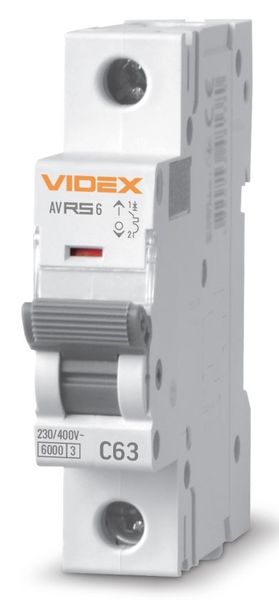 Автоматичний вимикач Videx RS6 'RESIST', White, 63A, 6000A, 230V/400V, 1 полюс, крива відключення 'C', модульний (Din-рейка), переріз кабелю 16 мм², IP20 (VF-RS6-AV1C63) 272951 фото