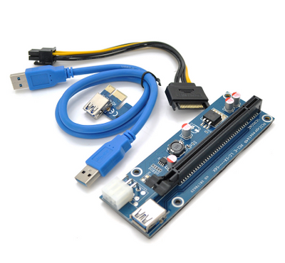 Райзер PCI-EX, x1=>x16, 6-pin, SATA=>6Pin, USB 3.0 AM-AM 0,6 м (синій), конденсатори 270, пакет (VER 009S/270) 234626 фото