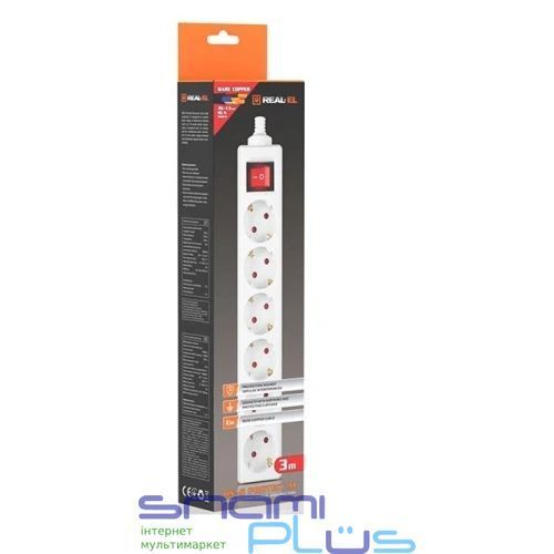 Фильтр сетевой REAL-EL RS-6 Protect M, 6 розеток, 5 м, White (EL122300035) 304946 фото