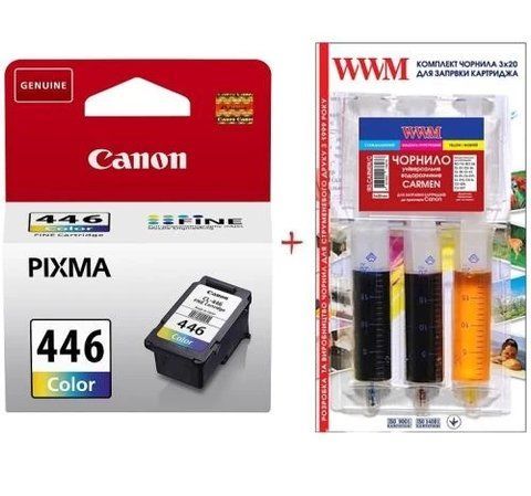 Картридж Canon CL-446, Color + заправний набір WWM 3x20 мл чорнила CARMEN (Set446-inkC) 291313 фото