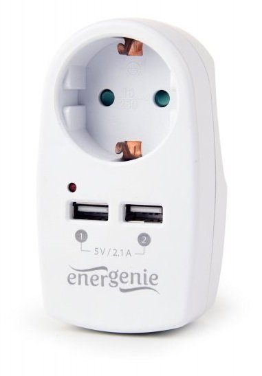 Мережевий зарядний пристрій EnerGenie White, 2хUSB по 2.1A з наскрізною розеткою (EG-ACU2-02) 218429 фото