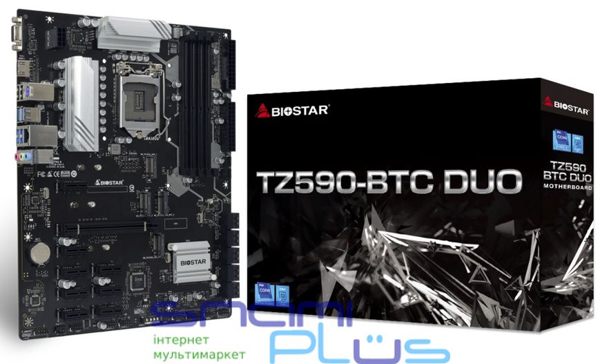 Мат.плата 1200 (Z590) Biostar TZ590-BTC DUO, Z590, 4xDDR4, Int.Video(CPU), 10xSATA3, 4xM.2, 1xPCI-E 16x 4.0, 8xPCI-E 1x 3.0, ALC887, I219V, 6xUSB3.2/6xUSB2.0, VGA/HDMI, ATX 237595 фото