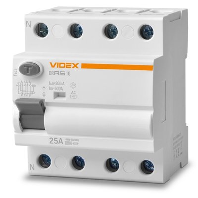 Диференційне реле Videx 'RESIST' AC, White, 25A, 30 mA, 10 kA, 400V, 50/60 Hz, 4 полюси, модульний (Din-рейка), переріз кабелю 2.5 мм², IP20 (VF-RS10-DR4AC25) 277163 фото