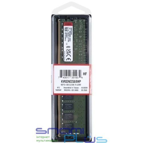 Память 8Gb DDR4, 3200 MHz, Kingston, CL22, 1.2V (KVR32N22S8/8WP) 316992 фото