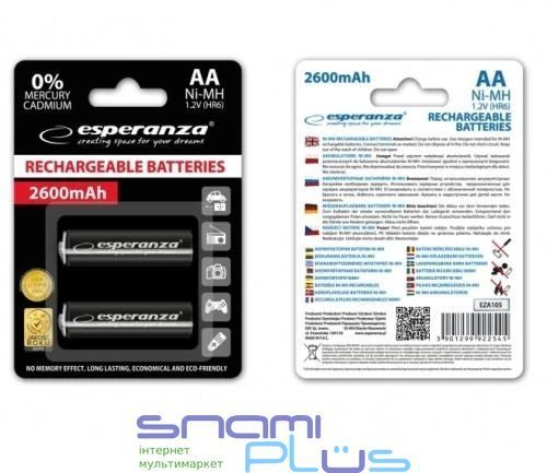 Аккумулятор AA, 2600 mAh, Esperanza, Black, 2 шт, 1.2V, Blister (EZA105) 255140 фото