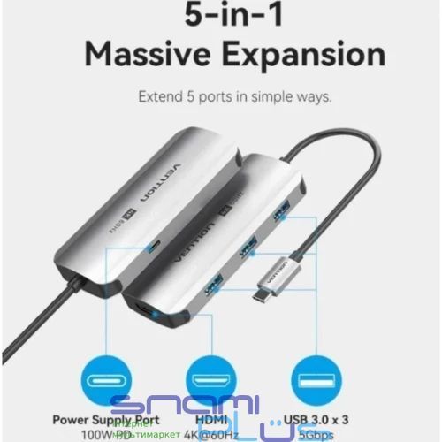 Хаб USB Vention 5-in-1, Grey (TQDHB) 322704 фото
