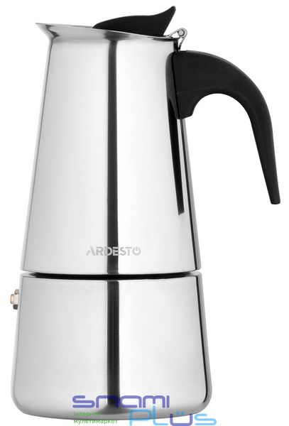 Гейзерна кавоварка Ardesto Gemini Apulia AR0806SS, Inox, 6 чашок, резервуар 0.3л, мелена кава, ручка нейлон, сумісна з усіма типами плит, не використовувати в посудомийній машині 281453 фото