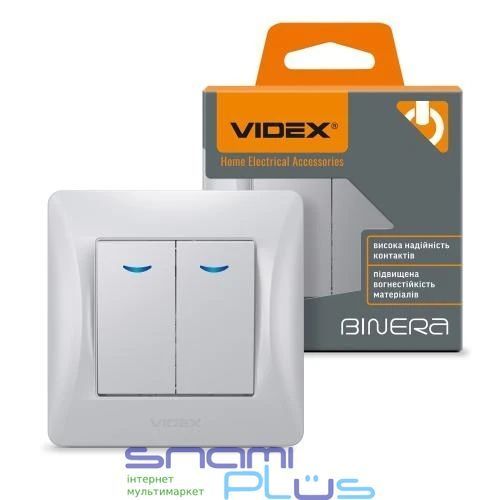 Выключатель двойной Videx Binera, Silver, с подсветкой, 86x86 мм, IP20 (VF-BNSW2L-SS) 289405 фото