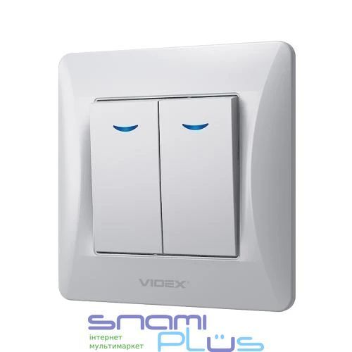 Выключатель двойной Videx Binera, Silver, с подсветкой, 86x86 мм, IP20 (VF-BNSW2L-SS) 289405 фото