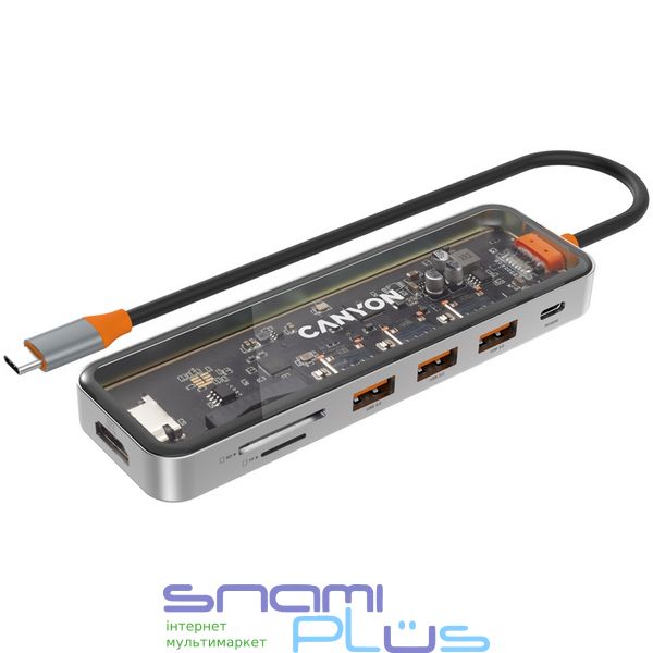 Док-станция Canyon 7-в-1 'DS-13', Grey, Type-C: 1xHDMI, 1xType-C (100 Вт), 3xUSB 3.0, 1xSD, 1xmicroSD, цинк/закаленное стекло (CNS-TDS13) 282536 фото