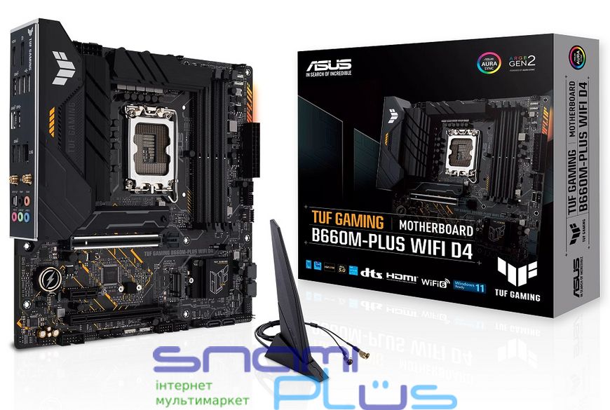 Мат.плата LGA1700, Asus TUF GAMING B660M-PLUS WIFI D4, B660, 4xDDR4, Int.Video(CPU), 4xSATA3, 2xM.2, 1xPCI-E 16x 5.0, 1xPCI-E 16x 3.0, 1xPCI-E 1x 4.0, ALC997, 2.5GLan, WiFi 6, Bluetooth 5.2, 8xUSB3.2/4xUSB2.0, HDMI/DP, MicroATX 239704 фото