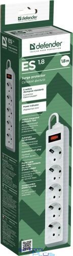 Фильтр сетевой Defender ES 1.8, 5 розеток, 1.8 м, White (99481) 204868 фото