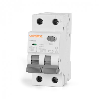 Диференційне реле Videx 'RESIST' AC, White, 10A, 30 mA, 6 kA, 230V, 50/60 Hz, 2 полюси, модульний (Din-рейка), переріз кабелю 1.5-16 мм², IP20 (VF-RS6-DA2AC10) 277166 фото
