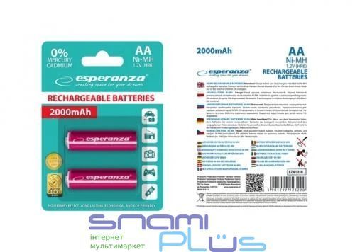 Аккумулятор AA, 2000 mAh, Esperanza, Red, 2 шт, 1.2V, Blister (EZA103R) 212792 фото