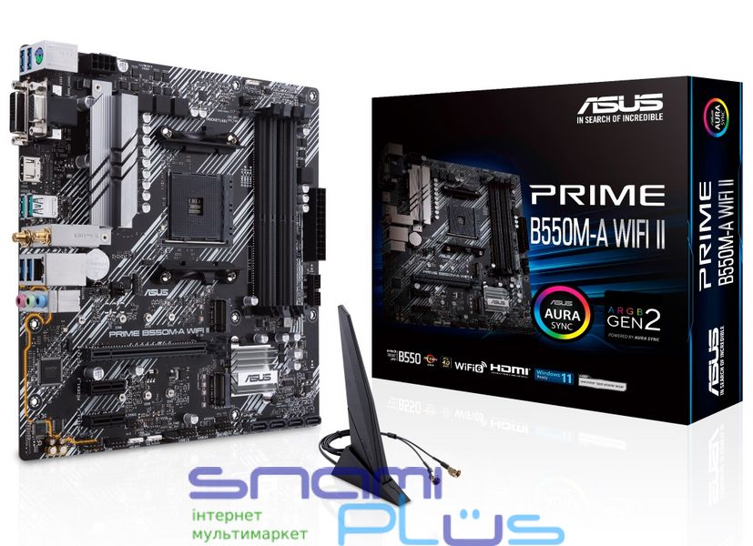 Мат.плата AM4 (B550) Asus PRIME B550M-A WIFI II, B550, 4xDDR4, Int.Video(CPU), 4xSATA3, 2xM.2, 1xPCI-E 16x 4.0, 2xPCI-E 1x 3.0, ALC887, RTL8111H, WiFi 6, Bluetooth 5.2, 7xUSB3.2/2xUSB2.0, VGA/DVI-D/HDMI, MicroATX 239706 фото