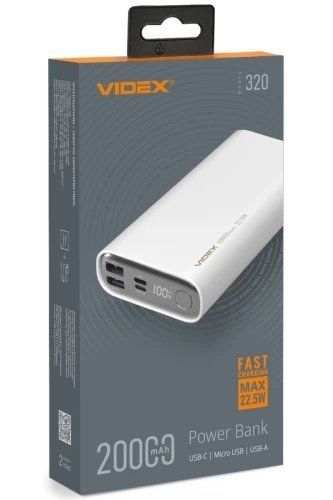 Універсальна мобільна батарея 20000 mAh, Videx VPB-320, White, 22.5 Вт (VPB-320-W) 299361 фото