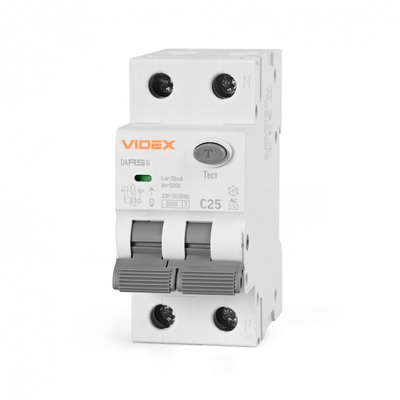 Диференційне реле Videx 'RESIST' AC, White, 25A, 30 mA, 6 kA, 230V, 50/60 Hz, 2 полюси, модульний (Din-рейка), переріз кабелю 1.5-16 мм², IP20 (VF-RS6-DA2AC25) 277168 фото
