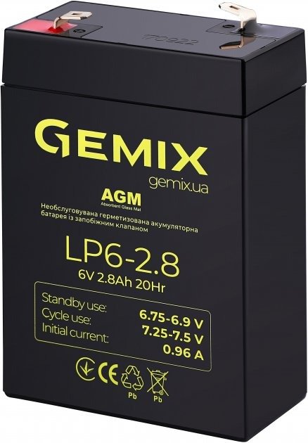 Батарея для ДБЖ 6В 2.8Ач Gemix LP6-2.8, AGM, 67х35х100 мм 274054 фото