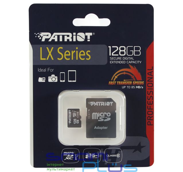 Карта памяти microSDXC, 128Gb, Class10, Patriot, SD адаптер (PSF128GMCSDXC10) 135370 фото