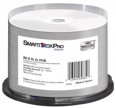 Диск BD-R 50 SmartDisk Pro, 25Gb, 6x, White Inkjet Printable (22-118 мм), Spindle (69835) 241285 фото