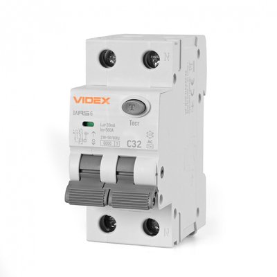 Диференційне реле Videx 'RESIST' AC, White, 32A, 30 mA, 6 kA, 230V, 50/60 Hz, 2 полюси, модульний (Din-рейка), переріз кабелю 1.5-16 мм², IP20 (VF-RS6-DA2AC32) 277169 фото