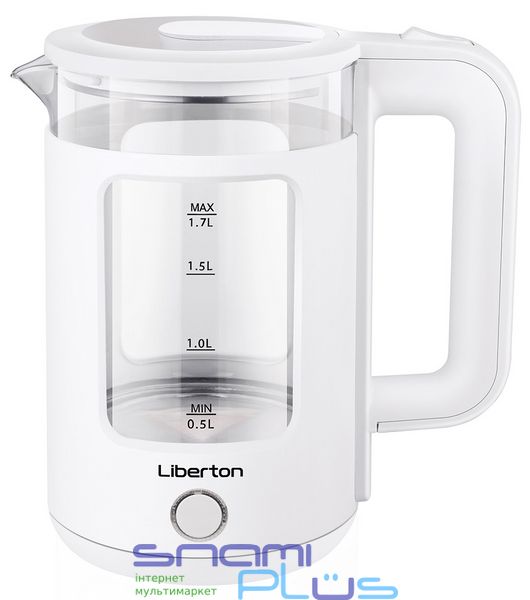 Электрочайник Liberton LEK-6830, White, 1500W, 1.7л, дисковый, двойная стенка (нержавеющая сталь+стекло), LED-подсветка, автоотключение, индикатор включения, открывание крышки ручное, шкала уровня воды внутренняя 278341 фото