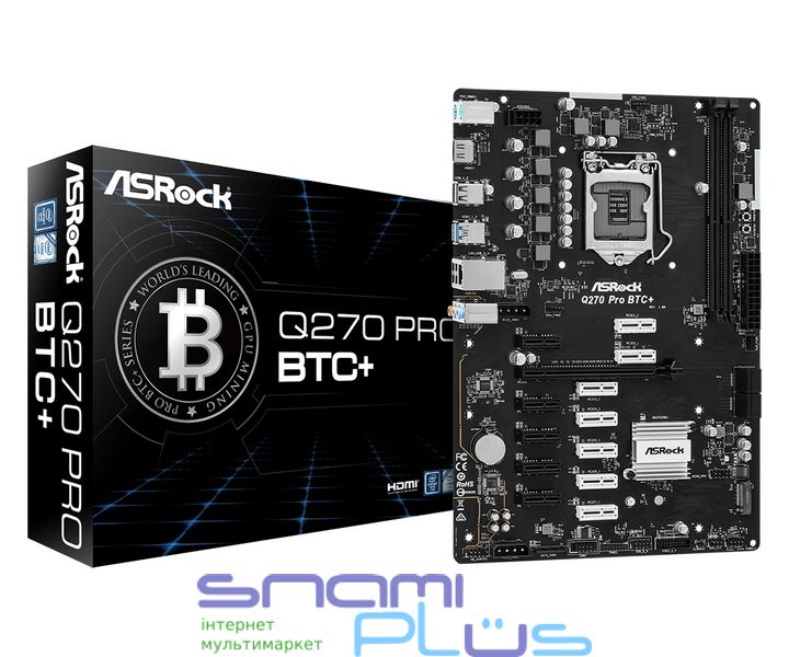 Мат.плата 1151 (Q270) ASRock Q270 Pro BTC+, Q270, 2xDDR4, Int.Video(CPU), 4xSATA3, 1xM.2, 1xPCI-E 16x 3.0, 12xPCI-E 1x 3.0, ALC897, I219V, 4xUSB3.2/6xUSB2.0, HDMI, ATX 244585 фото