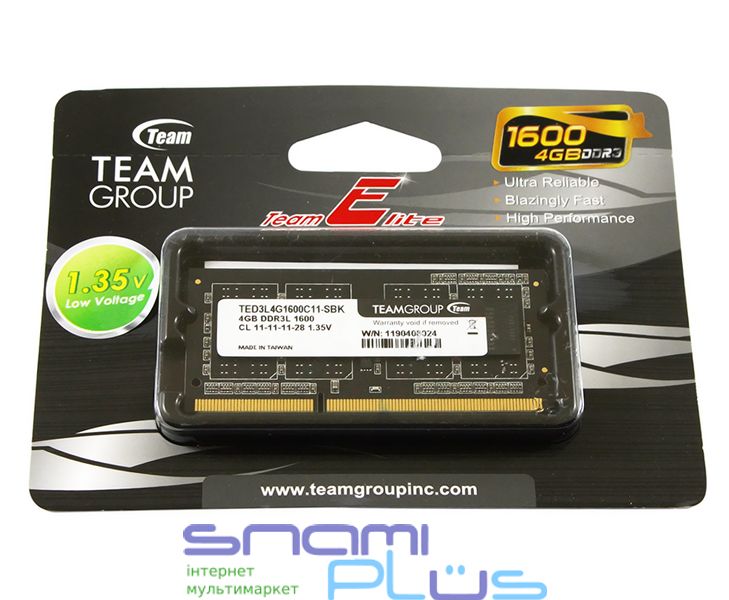 Память SO-DIMM, DDR3, 4Gb, 1600 MHz, Team, 1.35V (TED3L4G1600C11-S01) 162557 фото