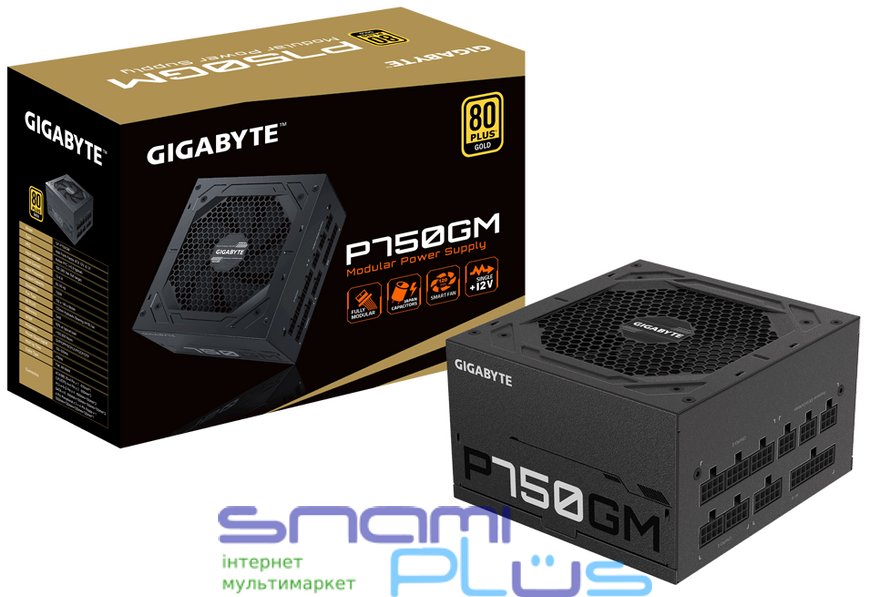 Блок питания 750 Вт, Gigabyte P750GM, Black, модульный, 120 мм (HYB), Active PFC, 80 Plus Gold, MB: 20+4 pin, CPU: 4+4 pin, VGA: 4 x 6+2 pin, 3xMolex / 1xFDD / 8xSATA, Защиты: OVP/OPP/SCP/UVP/OCP/OTP (GP-P750GM) 218947 фото