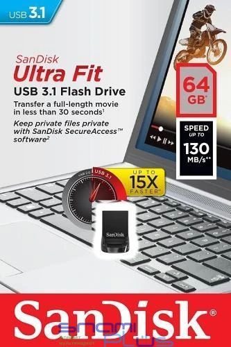 Флеш накопичувач USB 64Gb SanDisk Ultra Fit, Black, USB 3.2, Gen 1 (SDCZ430-064G-G46) 166119 фото