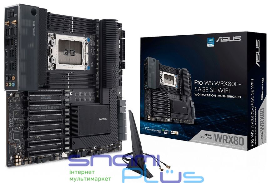 Мат.плата sWRX8 (WRX80) Asus Pro WS WRX80E-SAGE SE WIFI, WRX80, 8xDDR4, SLI, 8xSATA3, 3xM.2, 7xPCI-E 16x 4.0, ALC4080, 2xX550-AT2, WiFi 6, Bluetooth 5.1, 12xUSB3.2/2xUSB2.0, E-ATX 226237 фото