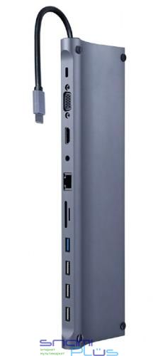 Док-станція Cablexpert 9-в-1, Grey, Type-C: 1xUSB 3.1, 2xUSB 2.0, 1xHDMI, 1xVGA, 1xType-C (87 Вт), 1xLan, 1xSD, 1xTF (microSD), 1x3.5 мм, алюмінієвий корпус (A-CM-COMBO11-01) 258265 фото