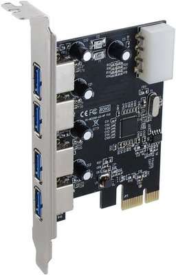 Контролер PCI-E x1 - 4 x USB 3.0, Dynamode, чіпсет NEC PD720201, дод. живлення Molex 272546 фото