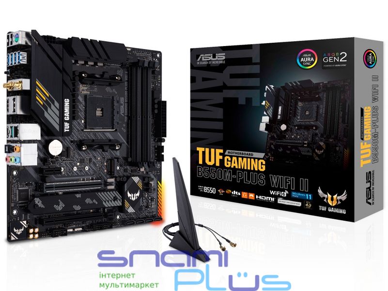 Мат.плата AM4 (B550) Asus TUF GAMING B550M-PLUS WIFI II, B550, 4xDDR4, CrossFire, Int.Video(CPU), 4xSATA3, 2xM.2, 1xPCI-E 16x 4.0, 1xPCI-E 16x 3.0, 1xPCI-E 1x 3.0, ALC S1200A, RTL8125B, WiFi 6, Bluetooth 5.2, 8xUSB3.2/6xUSB2.0, HDMI/DP, MicroATX 237148 фото