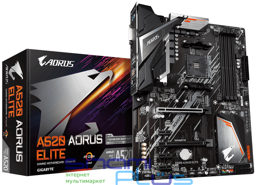 Мат.плата AM4 (A520) Gigabyte A520 AORUS ELITE, A520, 4xDDR4, Int.Video(CPU), 4xSATA3, 1xM.2, 2xPCI-E 16x 3.0, 3xPCI-E 1x 3.0, ALC1200, RTL8118AS, 6xUSB3.2/6xUSB2.0, DVI-D/HDMI, ATX 212384 фото