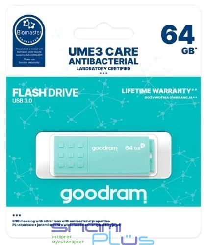 Флеш накопичувач USB 64Gb Goodram UME3 "Care", Teal, USB 3.2 Gen 1 (UME3-0640CRR11) 266048 фото