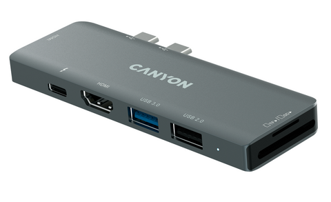 Док-станція Canyon 7-в-1 для MacBook, Grey: 2xHDMI, 1xUSB 3.0, 1xUSB 2.0, 1xUSB Type-C (до 100 Вт), 1xSD кардрідер, 1xTF (microSD) кардрідер, алюмінієвий корпус (CNSTDS) 217736 фото