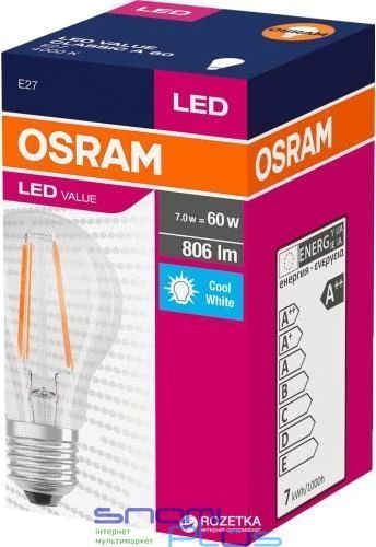Лампа світлодіодна E27, 7 Вт, 4000K, A60, Osram Filament, 806 Лм, 220V (4058075288645) 272420 фото