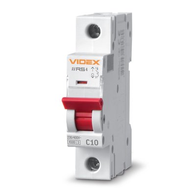 Автоматичний вимикач Videx RS4 'RESIST', White, 10A, 4500A, 230V/400V, 1 полюс, крива відключення 'C', модульний (Din-рейка), переріз кабелю 1.5 мм², IP20 (VF-RS4-AV1C10) 272917 фото